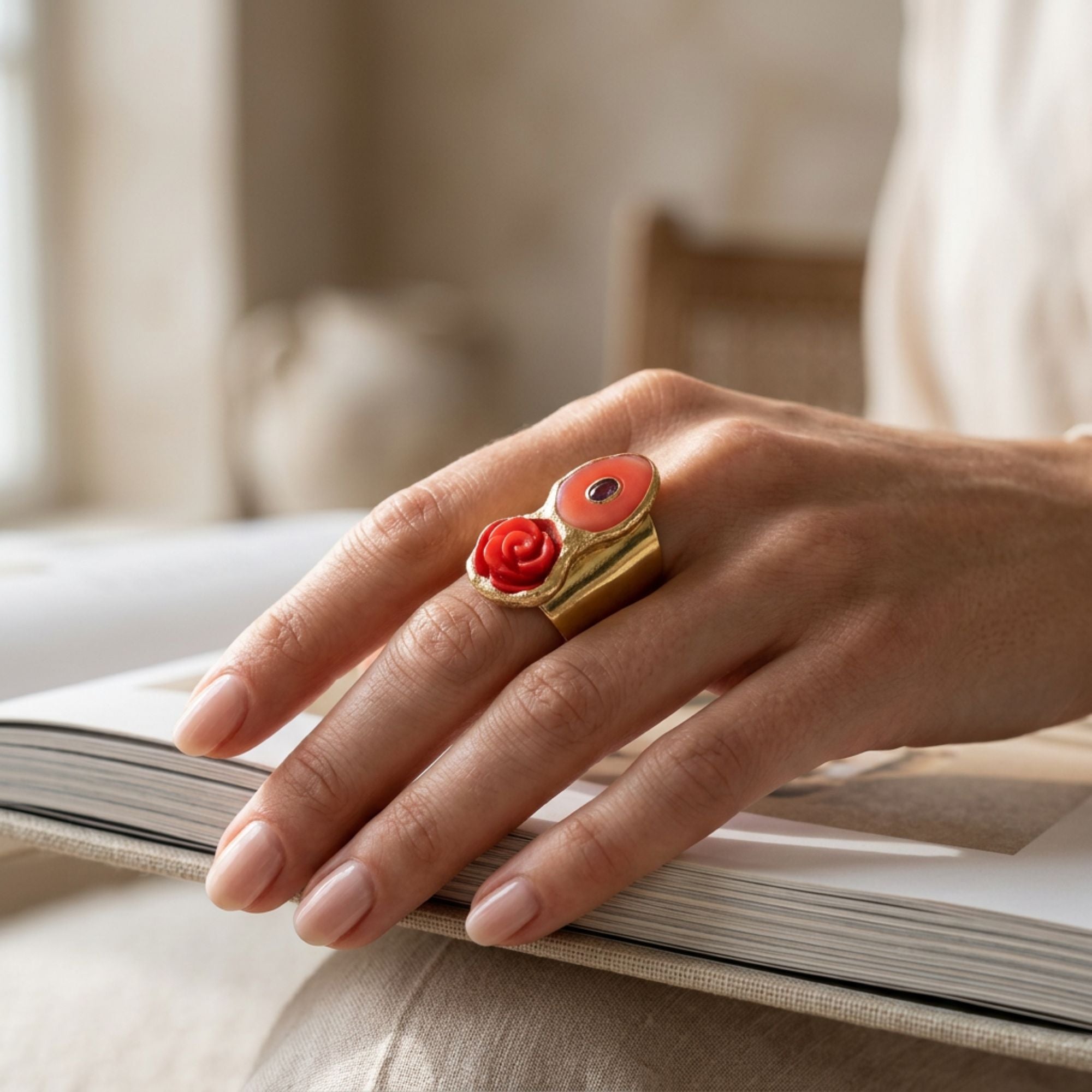 Red Coral Rose Statement Ring