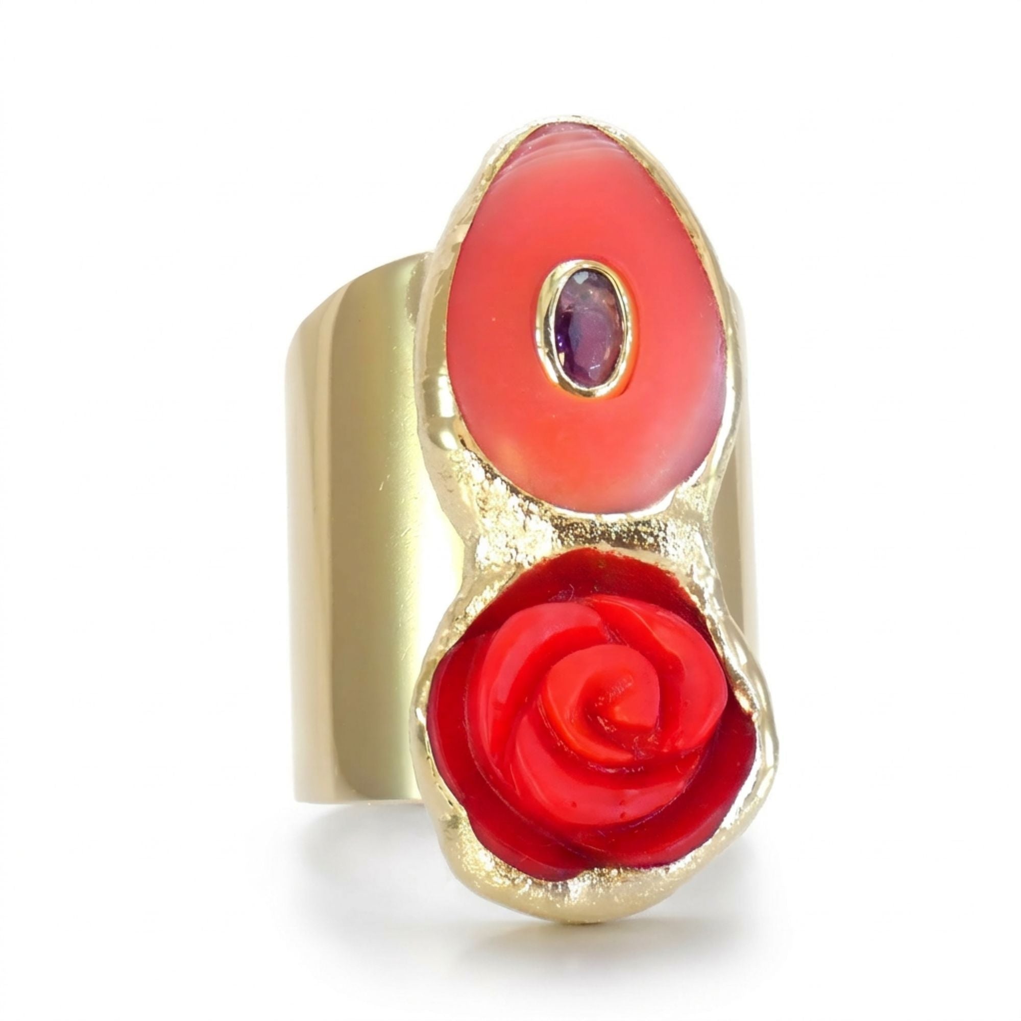 Red Coral Rose Statement Ring
