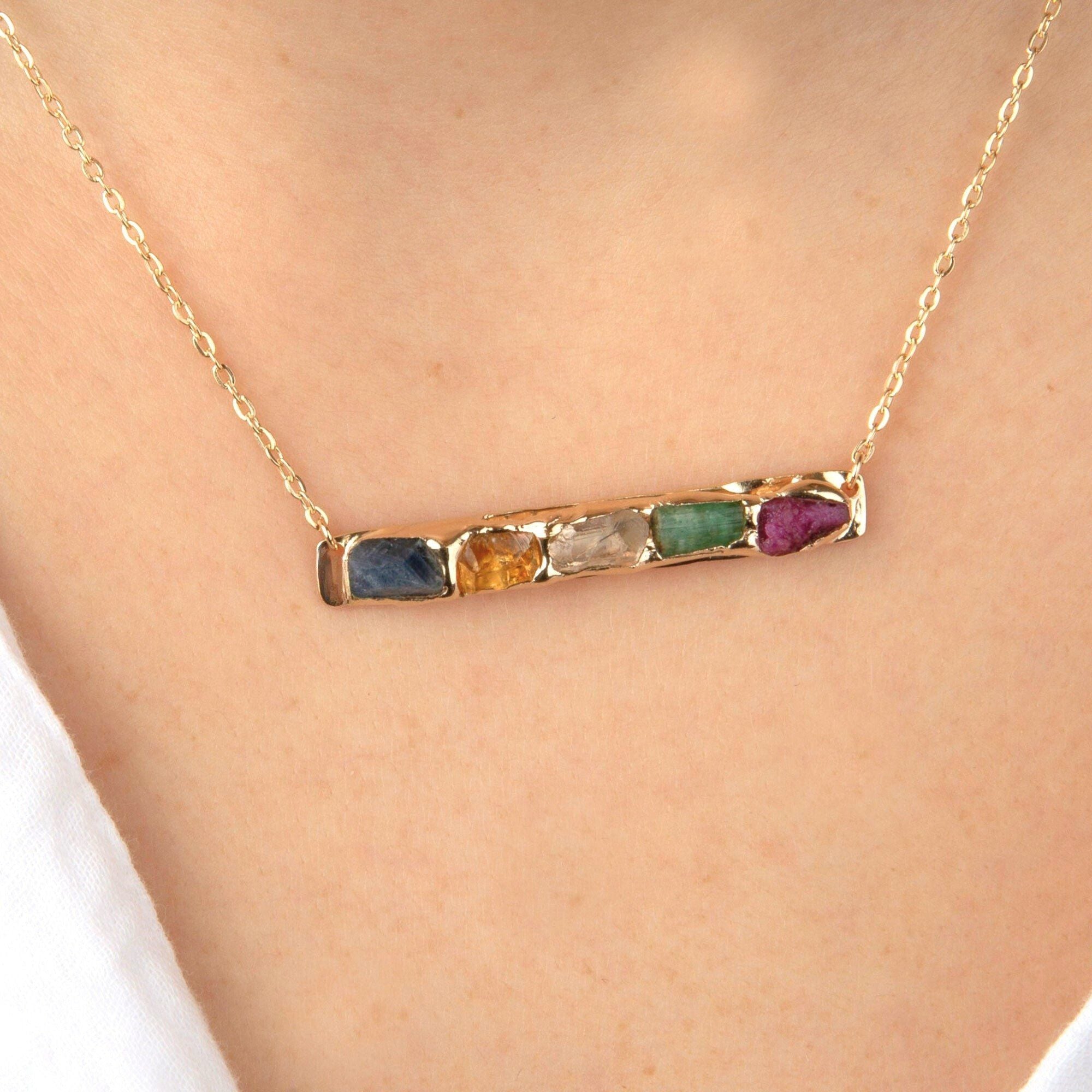 Family Birthstone Necklace, Personalized gift For Her Christmas, Raw Birthstone Bar Necklace.