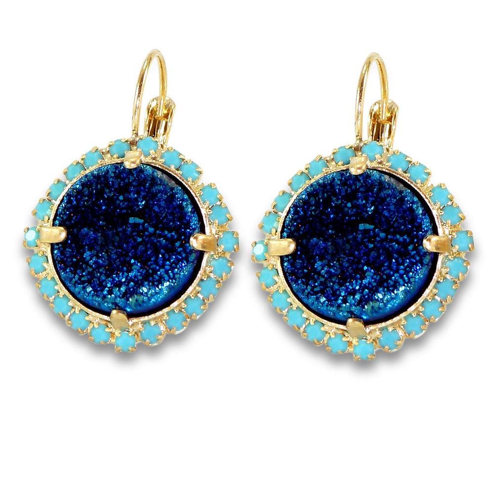 Natural Turquoise Gemstone Earrings, Leverback Dangle Earrings, Cobalt Blue Druzy Earrings, December Birthstone Earrings, Everyday Jewelry