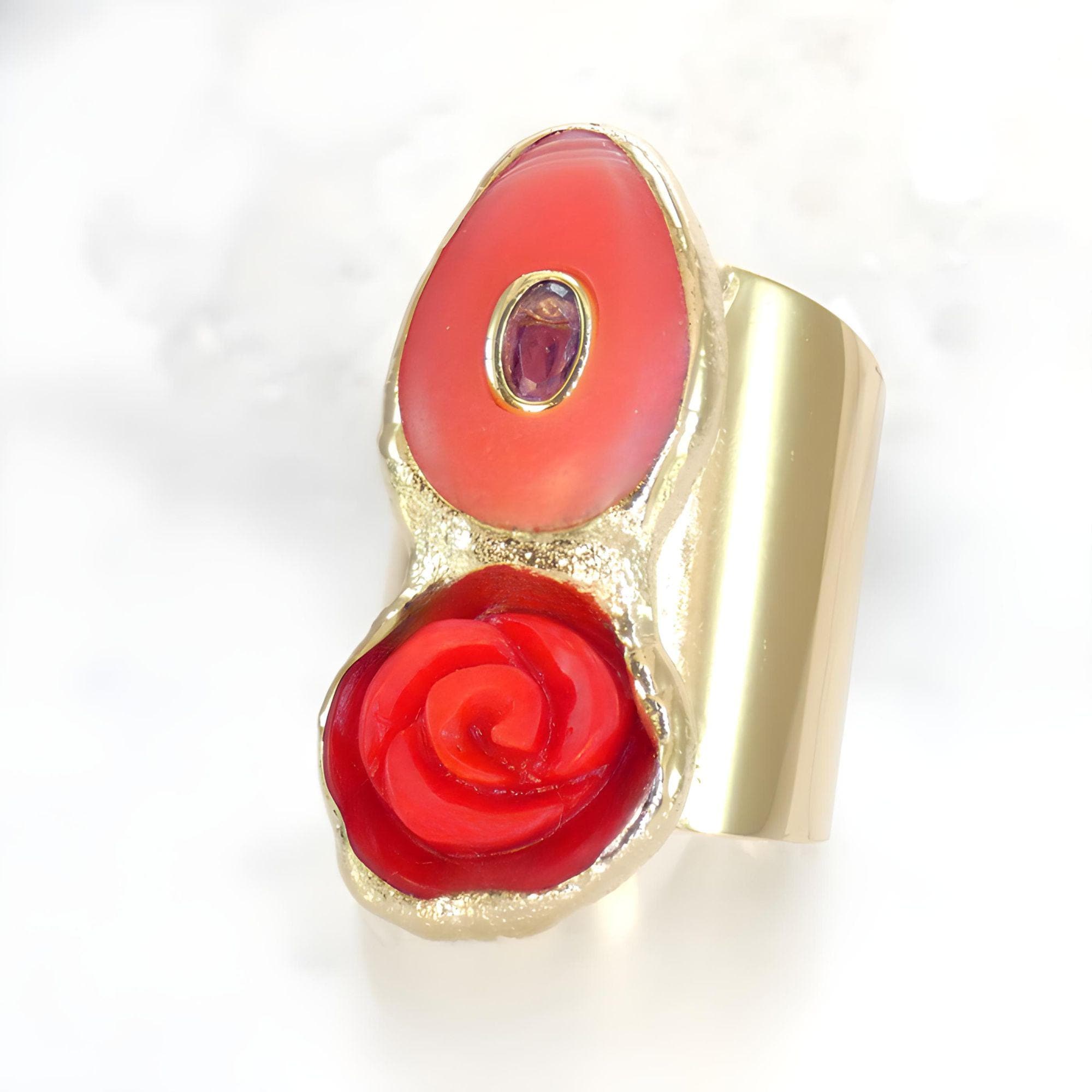 Red Coral Rose Statement Ring