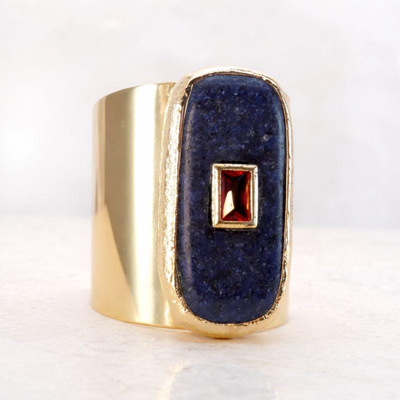 Bold Lapis Lazuli Ring with Crystal Inlay – Adjustable Gold Statement Ring – Blue Gemstone Ring for Women, Chunky Bohemian Jewelry.