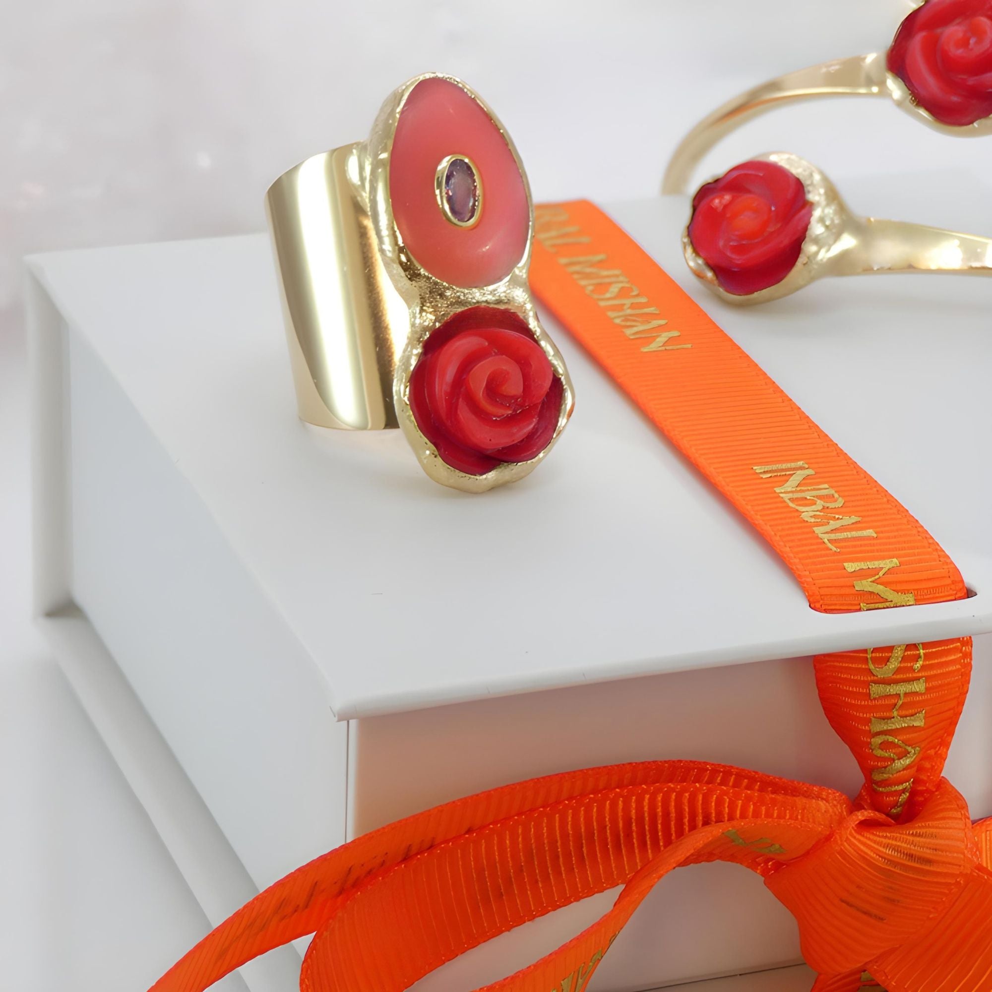 Red Coral Rose Statement Ring