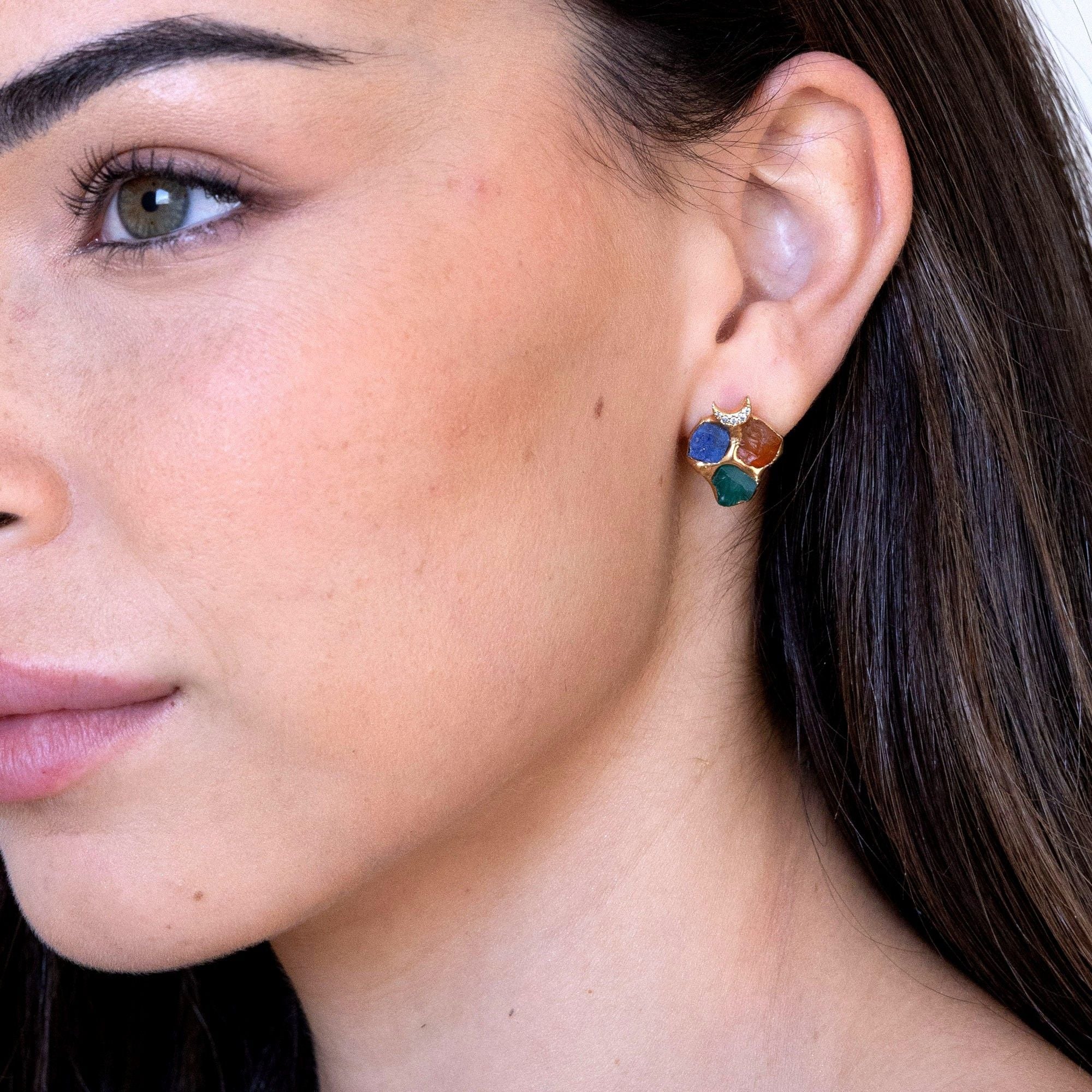 Raw Gemstone Cluster Stud Earrings | Lapis Carnelian & Green Onyx | Gold Moon Studs with Zircon | Handmade Statement Earrings
