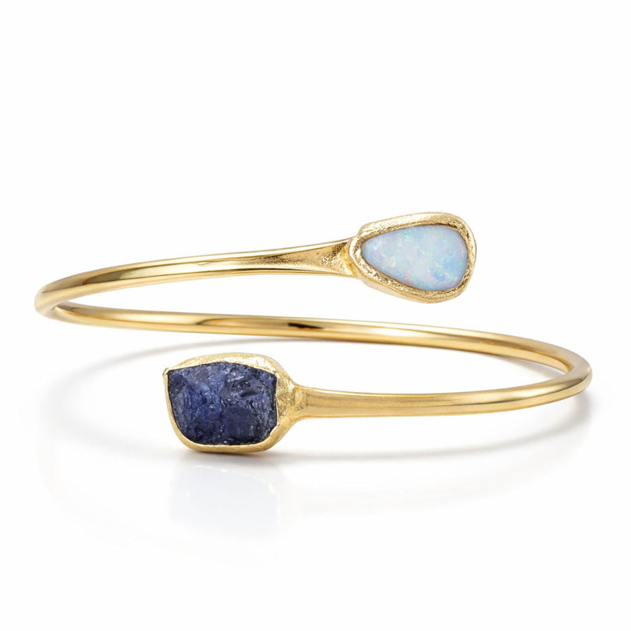 Birthstone Double Bracelet — gold wrap cuff with raw opal and tanzanite birthstones