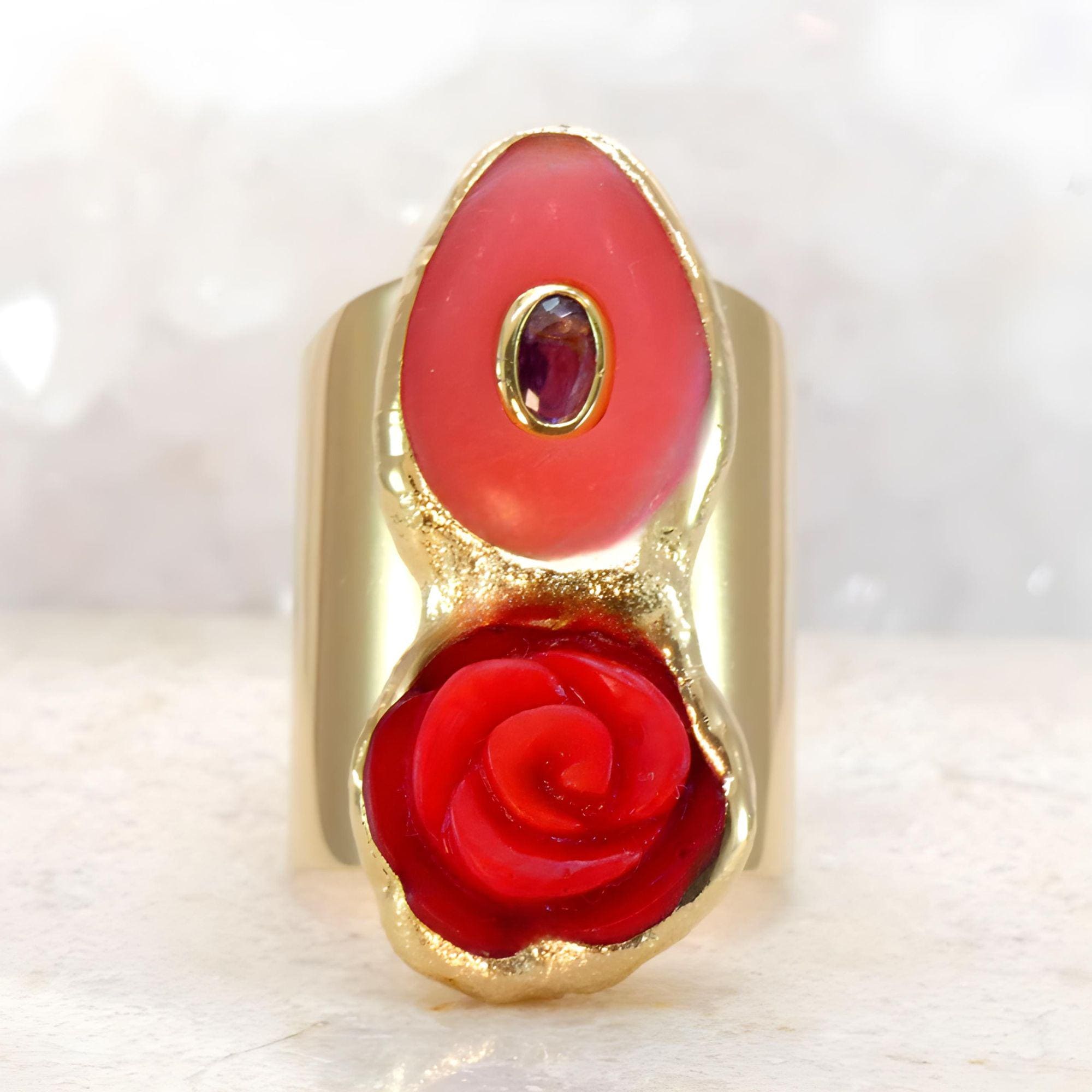 Red Coral Rose Statement Ring