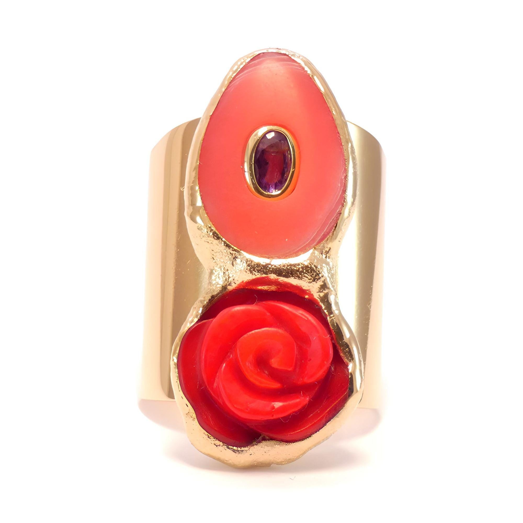 Red Coral Rose Statement Ring, Sculptural Gold Ring, Luxury Valentine’s Day Gift, Gold Statement Ring, handcrafted Jewelry.