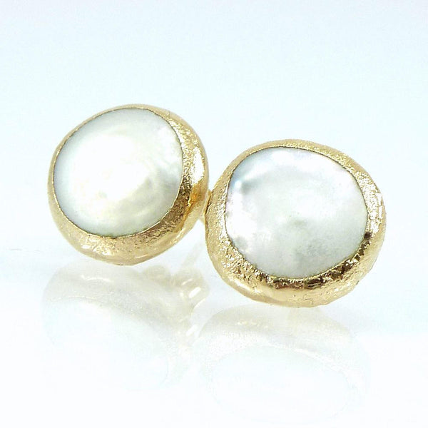 Gold Pearl Stud Earrings.
