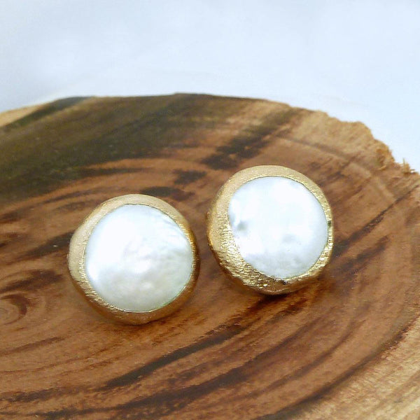 Gold Pearl Stud Earrings.
